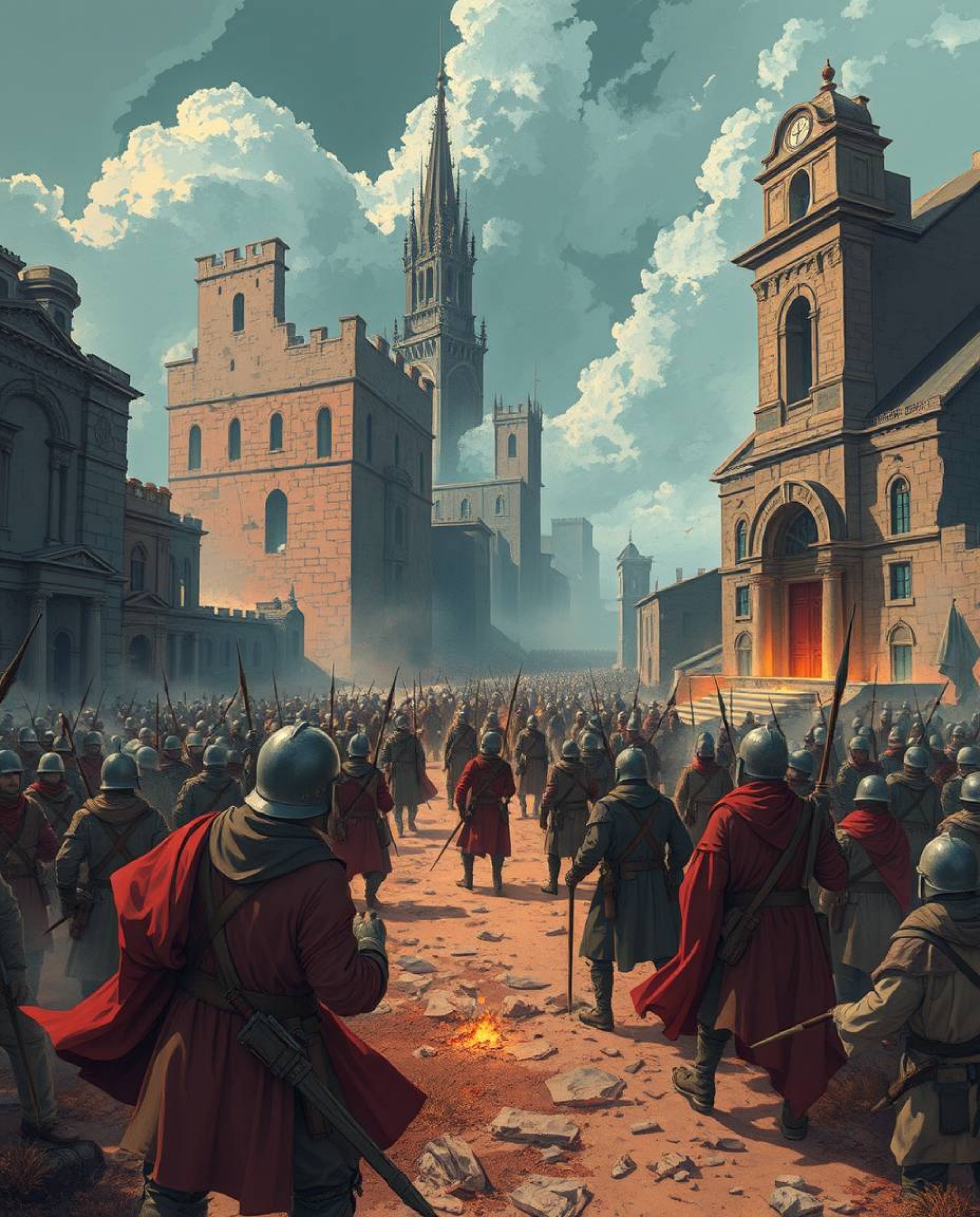 Experience a graceful and elegant illustration depicting a battlefield where time-warped soldiers clash amidst crumbling buil