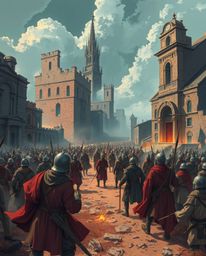 Experience a graceful and elegant illustration depicting a battlefield where time-warped soldiers clash amidst crumbling buil