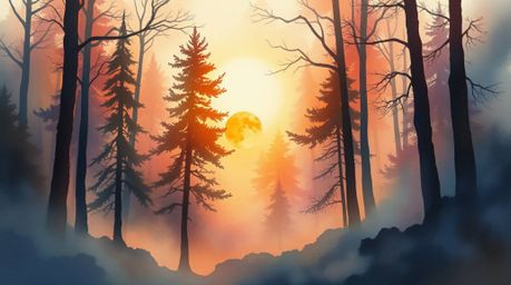 A delicate watercolor painting captures a mystic, enchanting forest bathed in the golden light of sunset.  Gentle color contr