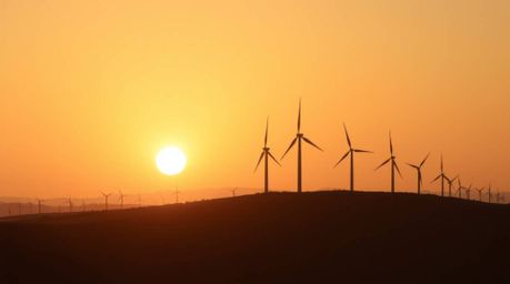A captivating photograph showcases a serene sunset painting the sky behind a line of wind turbines perched atop a gentle hill