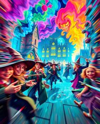 Explore a magical school brimming with young wizards, brought to life through bright, vibrant colors and a dreamlike, surreal