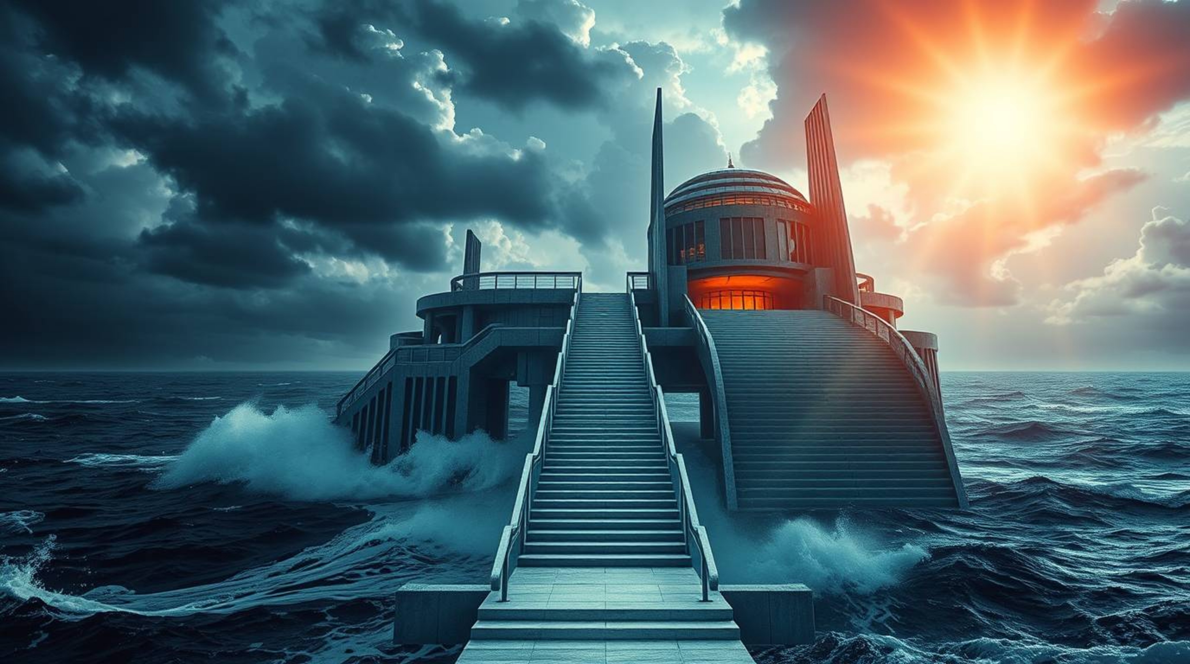 Experience a modern future grand epic scene captured in precise architectural color photography. A dramatic staircase emerges