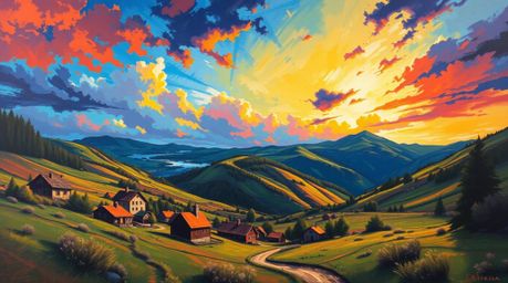 A captivating bold acrylic painting depicts a cozy village nestled in a valley, viewed from a low angle.  The scene is brough