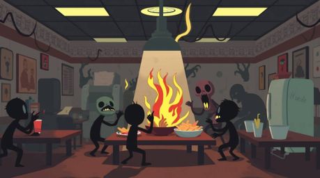 Witness a chaotic and unsettling food fight in a cartoon cafeteria, rendered in a modern flat design style. The animation fe