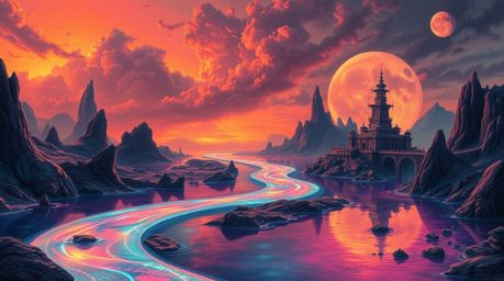Discover a breathtaking surreal painting depicting a winding river glowing with bioluminescent light under a dramatic orange-
