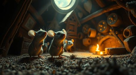 A captivating image showcasing anthropomorphic mice engaged in a tea party within a cozy cottage.  The scene is dramatically 