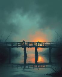 A digital painting portrays an old wooden bridge over a river at sunset, creating a uniquely eerie and creepy atmosphere. The