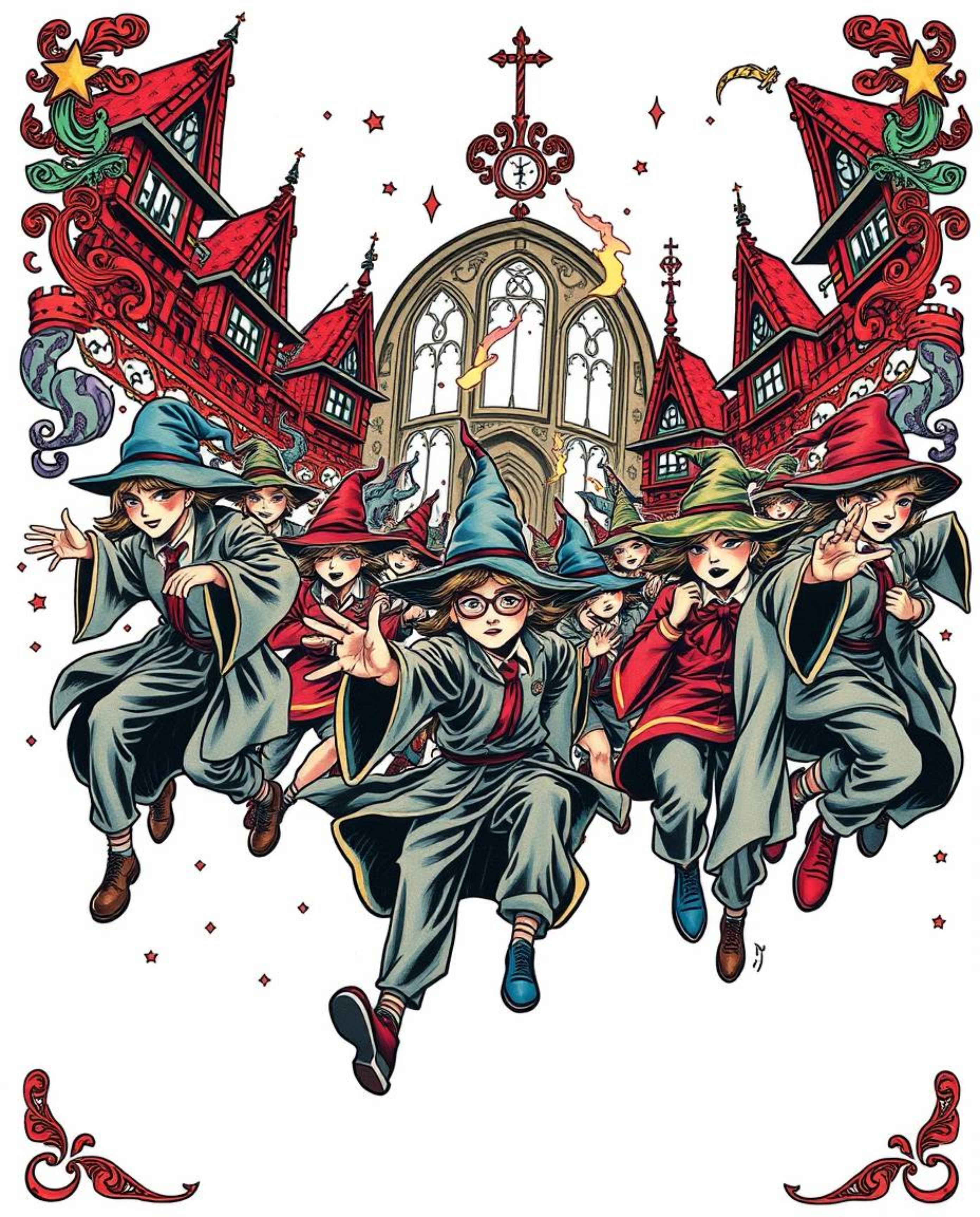 A vibrant, retro-style traditional tattoo art print depicting a magical school brimming with young wizards in dynamic action 
