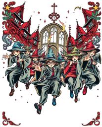 A vibrant, retro-style traditional tattoo art print depicting a magical school brimming with young wizards in dynamic action 