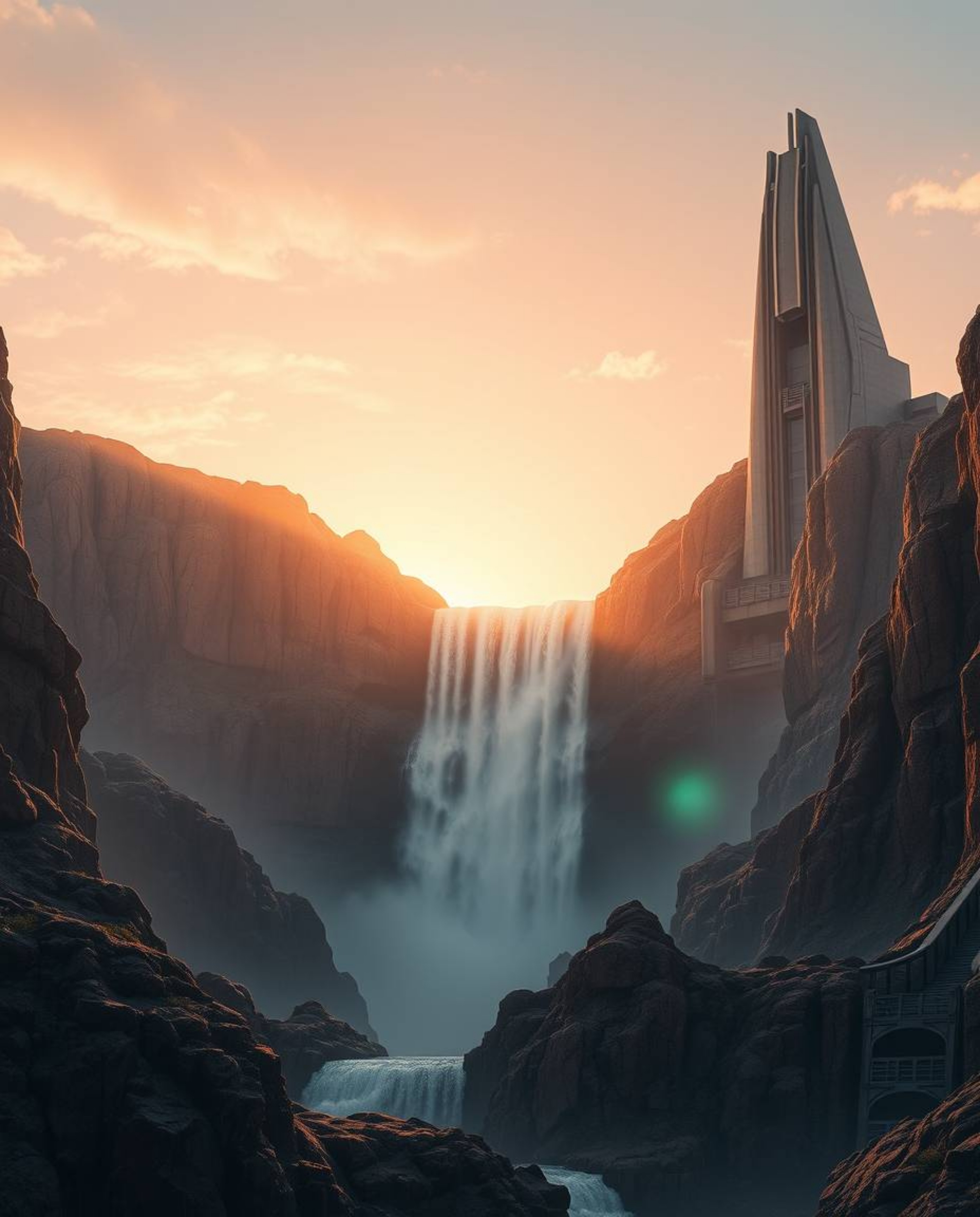 An epic scene of a futuristic grand waterfall at sunset, featuring a modern design, heroic elements, and a massive scale. The