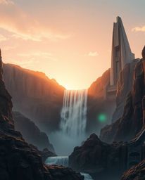 An epic scene of a futuristic grand waterfall at sunset, featuring a modern design, heroic elements, and a massive scale. The