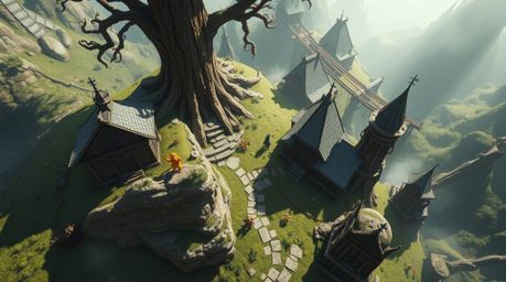 Experience a captivating fantasy kingdom brimming with quirky magical creatures, captured from a high-angle perspective under