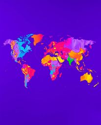 A captivating fine art photograph showcasing an abstract world map creatively rendered through vibrant and colorful splashes 