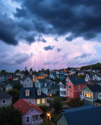 Discover a charming sleepy town depicted in a watercolor style, featuring pastel-colored houses under dramatic, stormy skies.