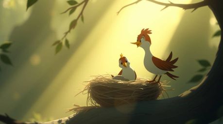Delightful animation showcasing two cartoon birds diligently constructing a nest.  The scene blends a strong, hard light sour