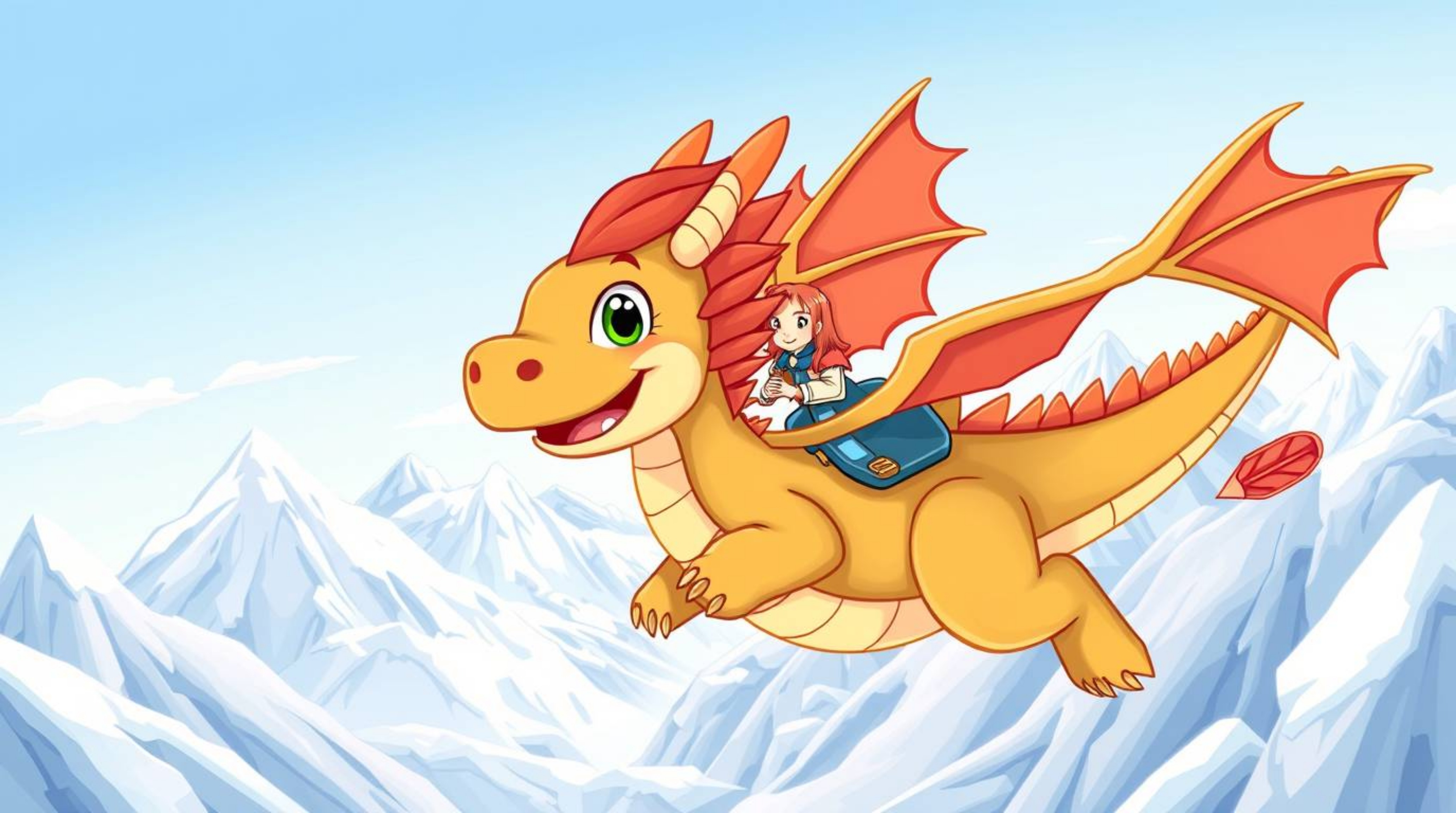 A captivating illustration depicts an adorable dragon and its rider soaring gracefully above a breathtaking landscape of icy 
