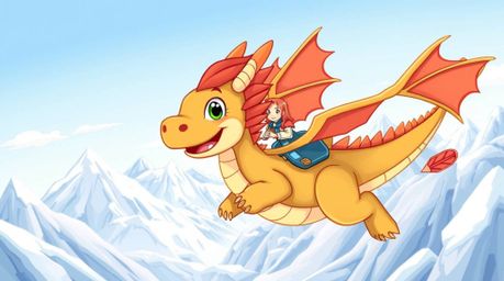 A captivating illustration depicts an adorable dragon and its rider soaring gracefully above a breathtaking landscape of icy 
