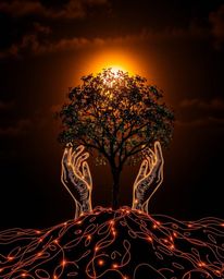 This creative light art showcases hands planting a tree under a golden sky, blending artistic lighting with abstract patterns