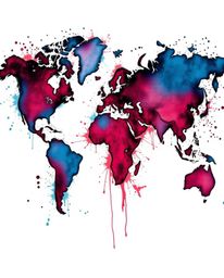 This traditional tattoo art print features a stunning world map formed by vibrant, colorful splashes of rich burgundy and dee