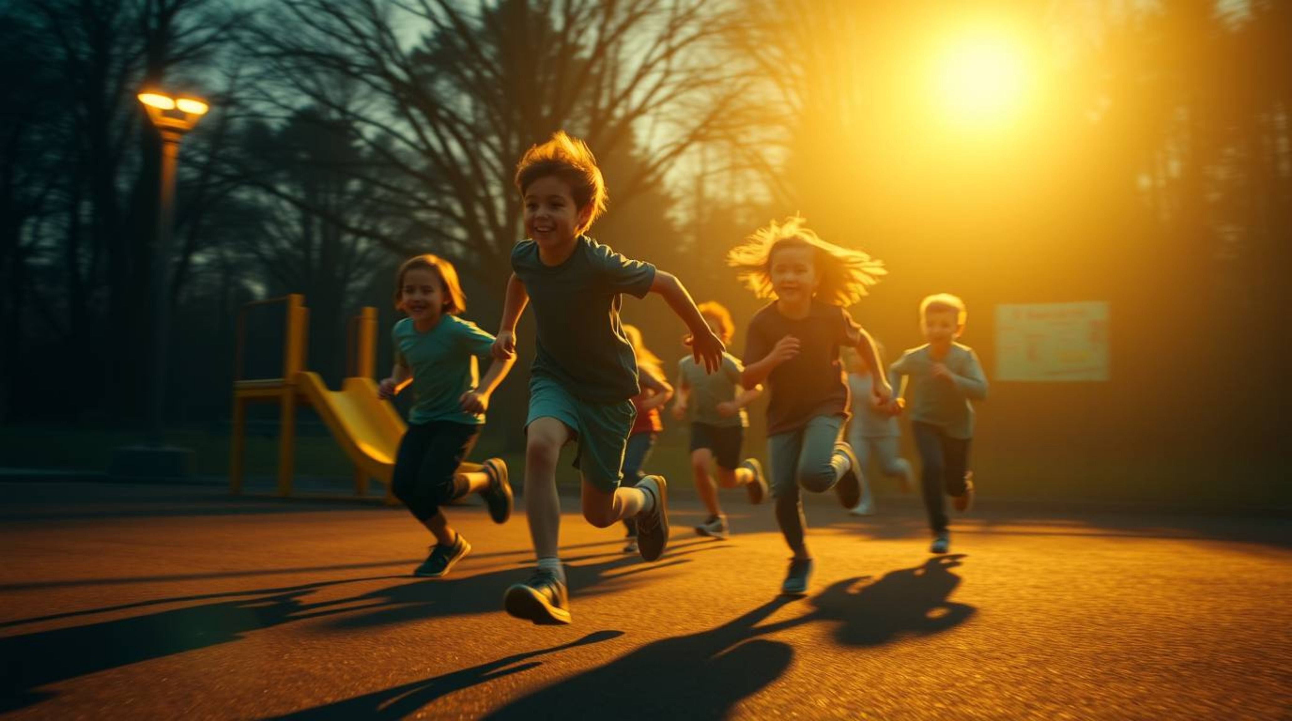 Experience a dramatic slow-motion journey through a vibrant playground, captured in a cinematic style with striking chiaroscu