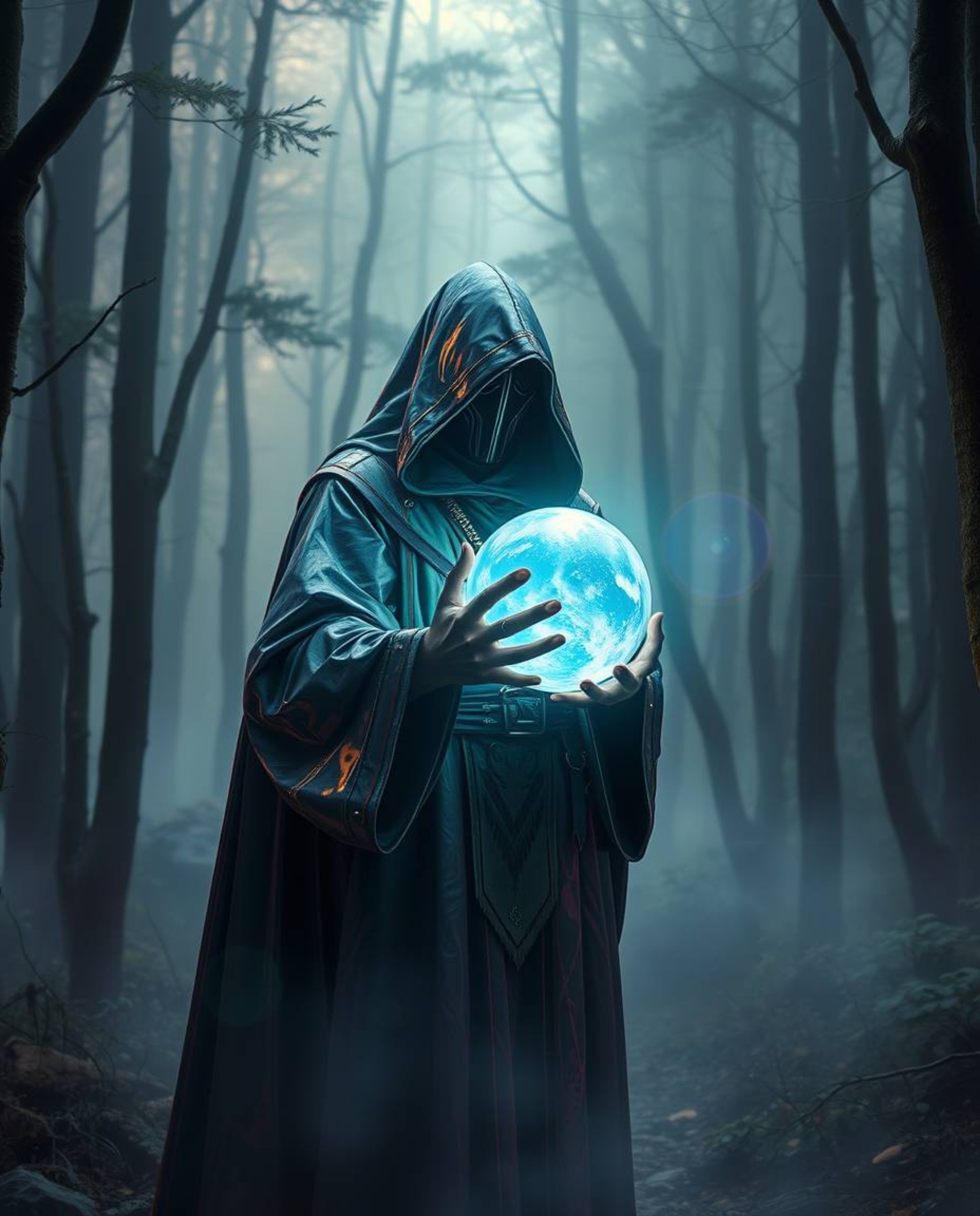 A cloaked figure stands in a misty forest, bathed in iridescent colors and holding a glowing orb, creating a scene that blend