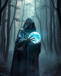 A cloaked figure stands in a misty forest, bathed in iridescent colors and holding a glowing orb, creating a scene that blend