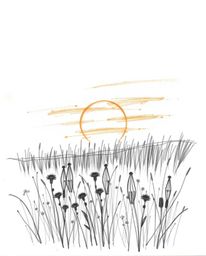 A strong, moody hand-drawn sketch depicts a low-contrast spring sunset over a wildflower meadow. Rendered with rough pencil s