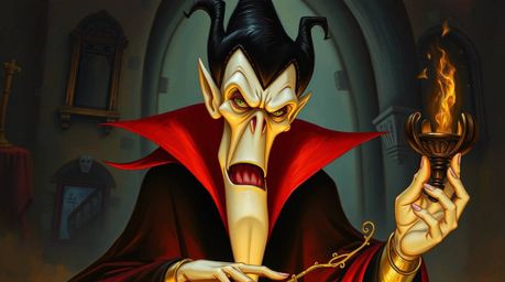 A captivating oil painting in the style of classic Disney, depicting a sharp-featured villain with pale skin casting a spell 