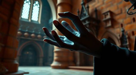 A captivating close-up reveals a classic Disney villain's hands meticulously casting a spell within the ancient walls of a ca