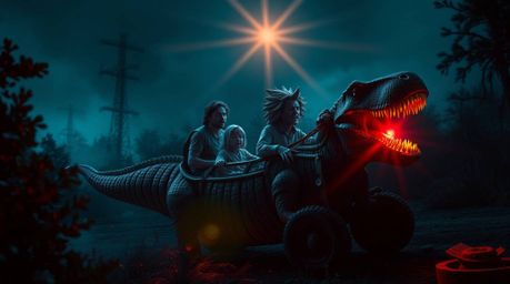 Witness a creepy scene featuring a prehistoric family joyriding in a dinosaur car. This image is rendered in dark tones contr