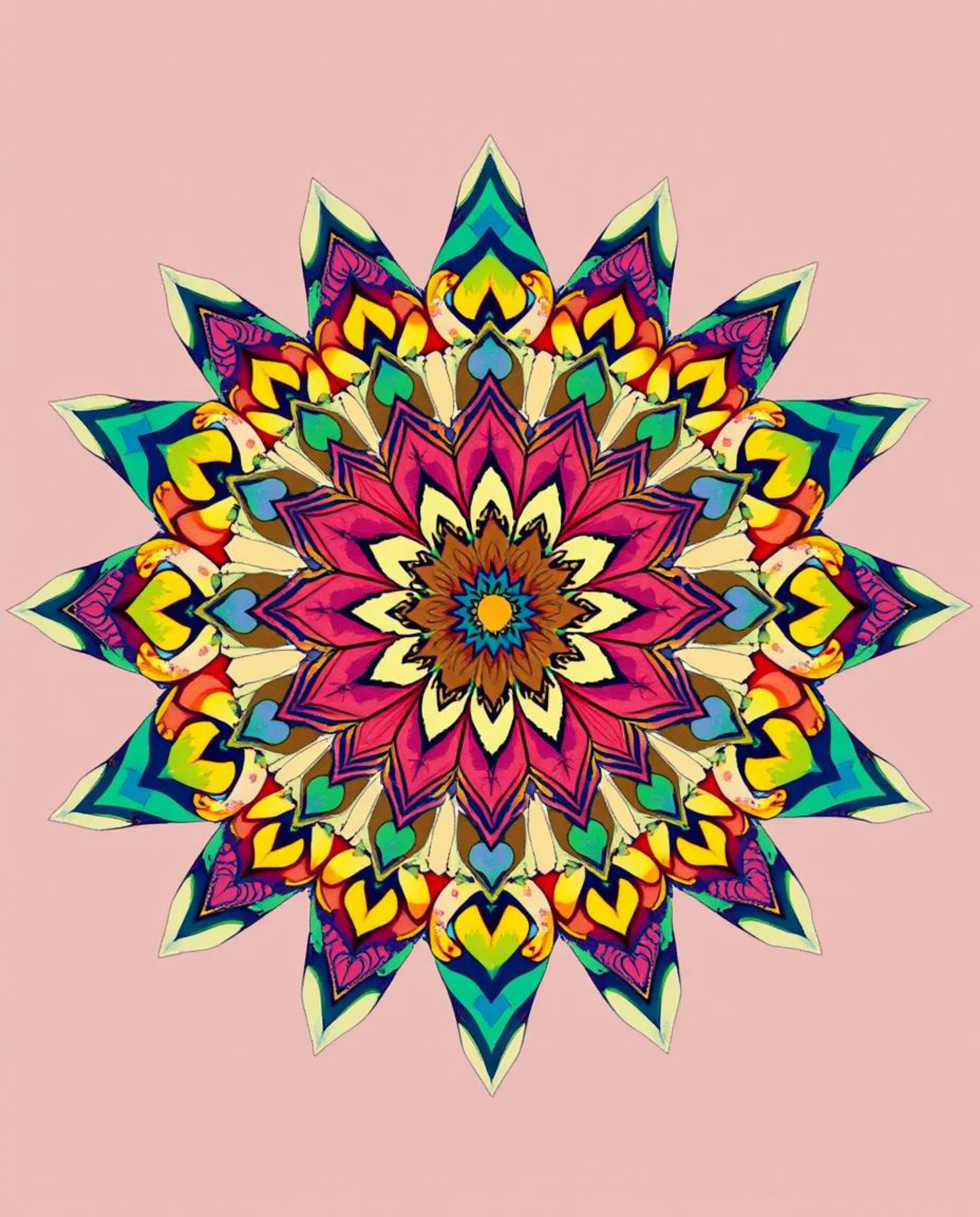 Explore this stunning geometric floral mandala rendered in a vibrant color palette and symmetric design, reminiscent of Iseka
