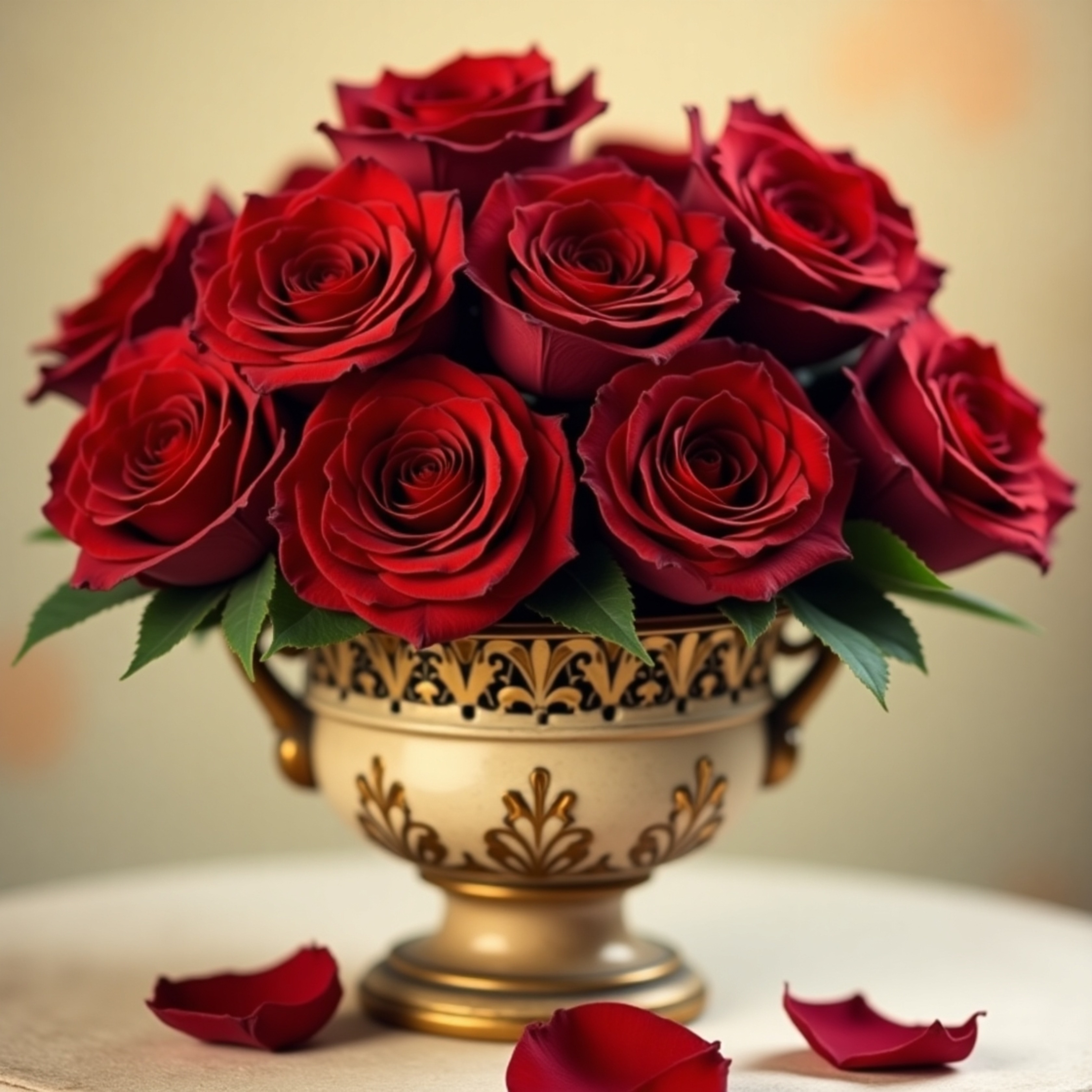 A stunning still life featuring a lush bouquet of velvety red roses, carefully arranged in an ornate antique vase. The subtle