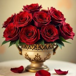 A stunning still life featuring a lush bouquet of velvety red roses, carefully arranged in an ornate antique vase. The subtle