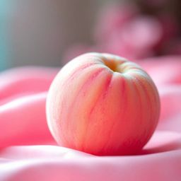 A captivating close-up captures the delicate beauty of a soft pink peach resting on pastel pink silk. The image showcases the
