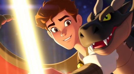 A captivating scene depicting a charming prince with refined features battling a fierce dragon, rendered in a vibrant 1950s a