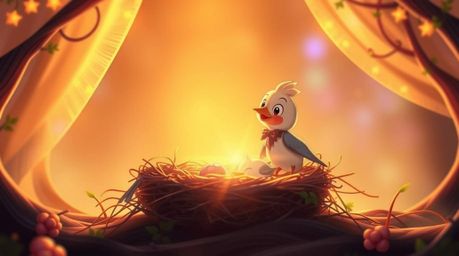 A captivating animation depicts two charming cartoon birds meticulously constructing their nest, bathed in a warm, golden lig