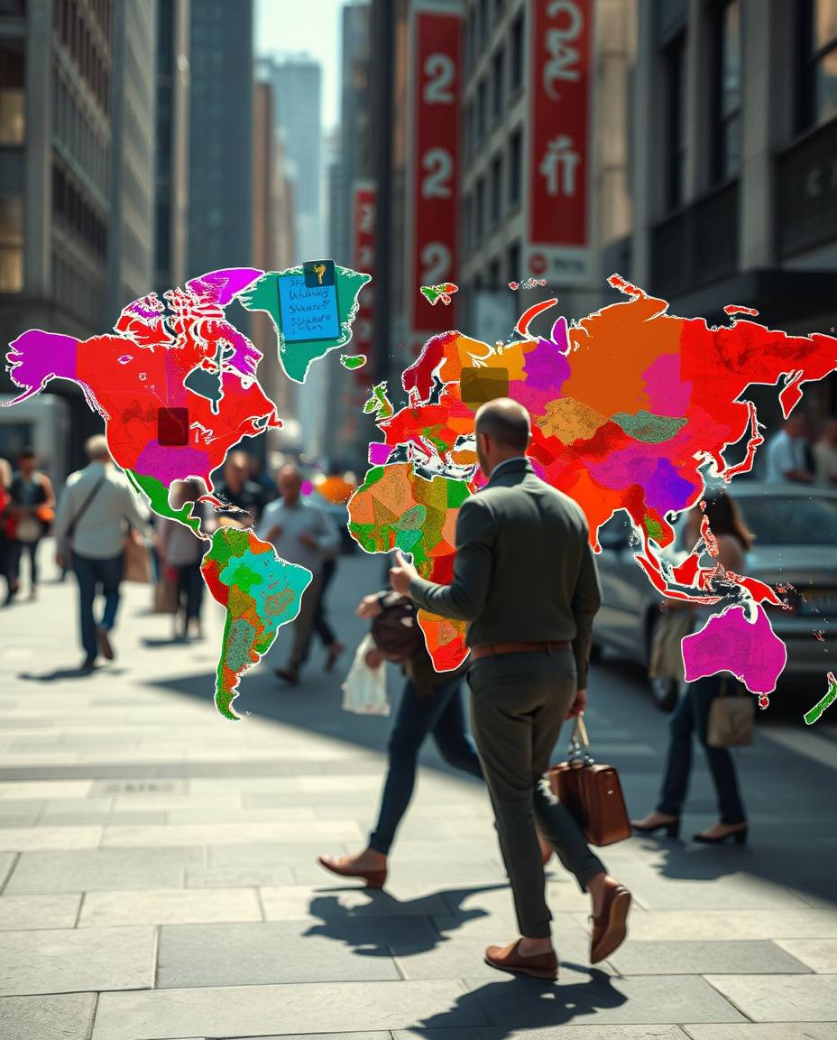 Capture the essence of urban life with candid street photography showcasing a world map formed by bright, colorful splashes a