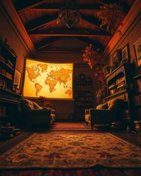 A captivating image depicting a warm, autumnal scene within an old study. A glowing map projection hangs in the air, casting 