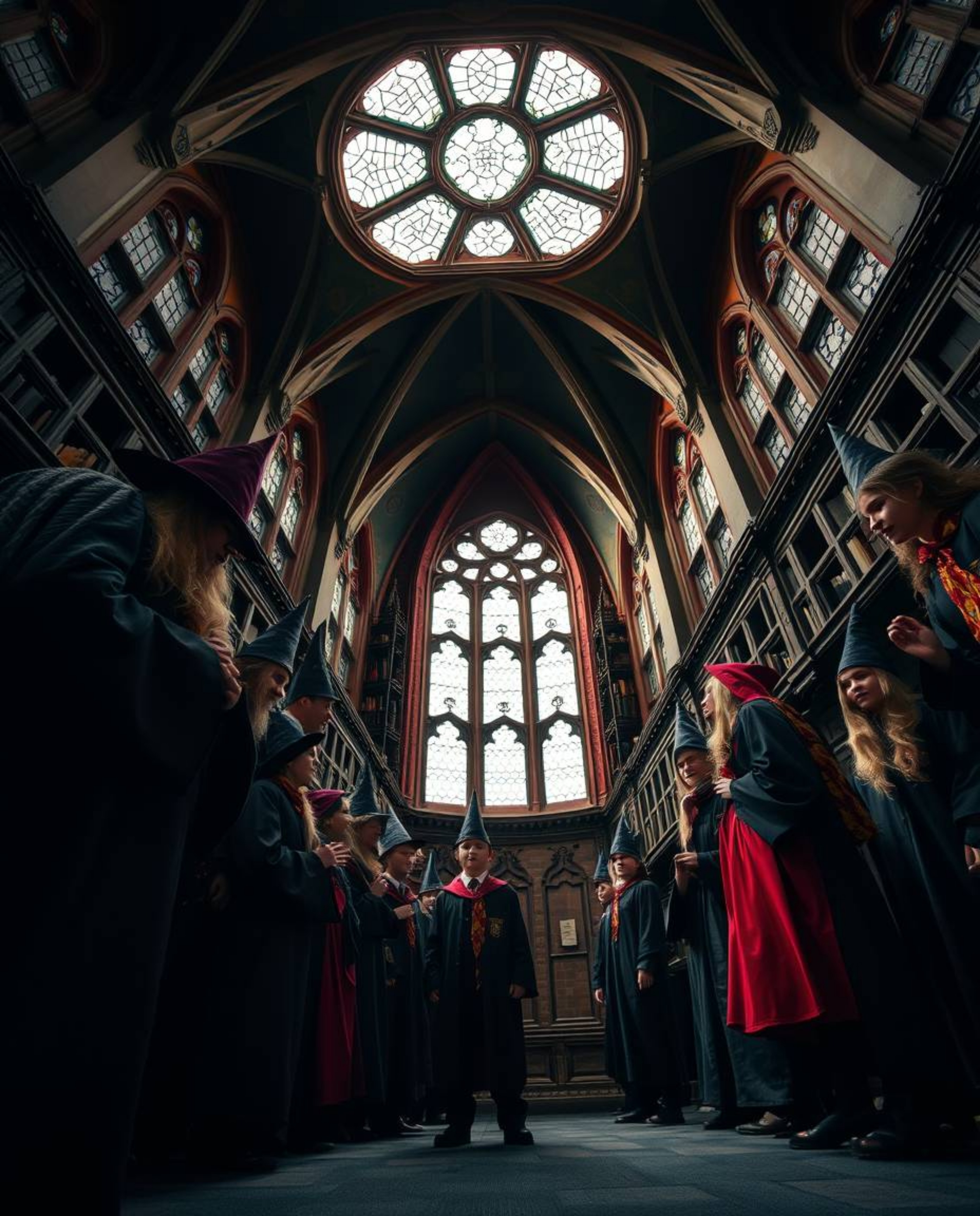 Discover a captivating low-angle perspective of a magical school teeming with young wizards.  The image showcases vibrant con