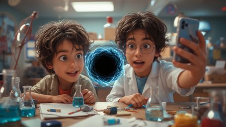 In a vibrant, cinematic photograph reminiscent of Pixar's stylization, two enthusiastic kids are seen amidst a chaotic scienc