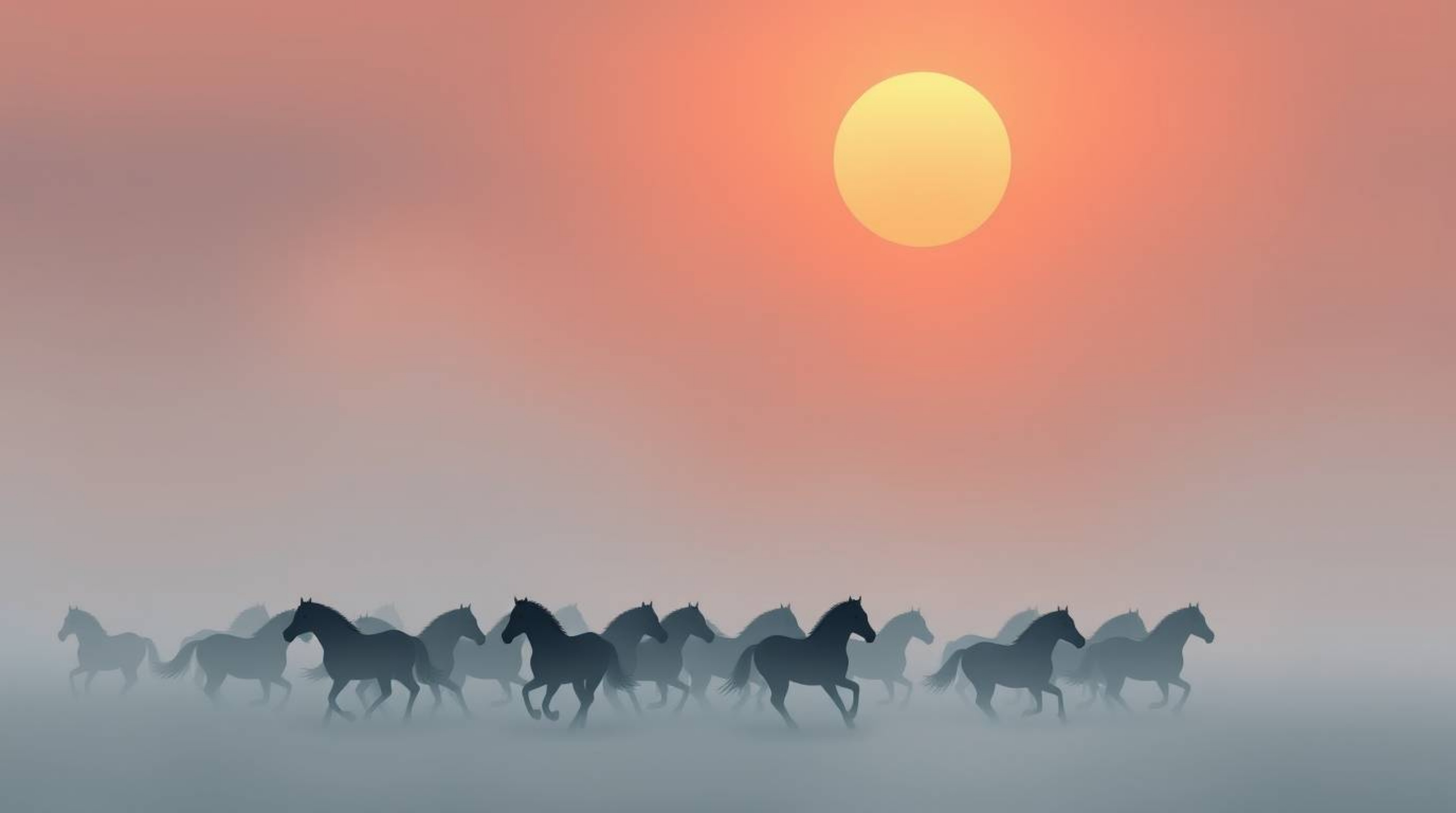 A modern flat design illustration depicting a herd of wild horses running beneath a luminous sky, partially hidden by dense f
