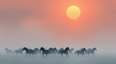 A modern flat design illustration depicting a herd of wild horses running beneath a luminous sky, partially hidden by dense f
