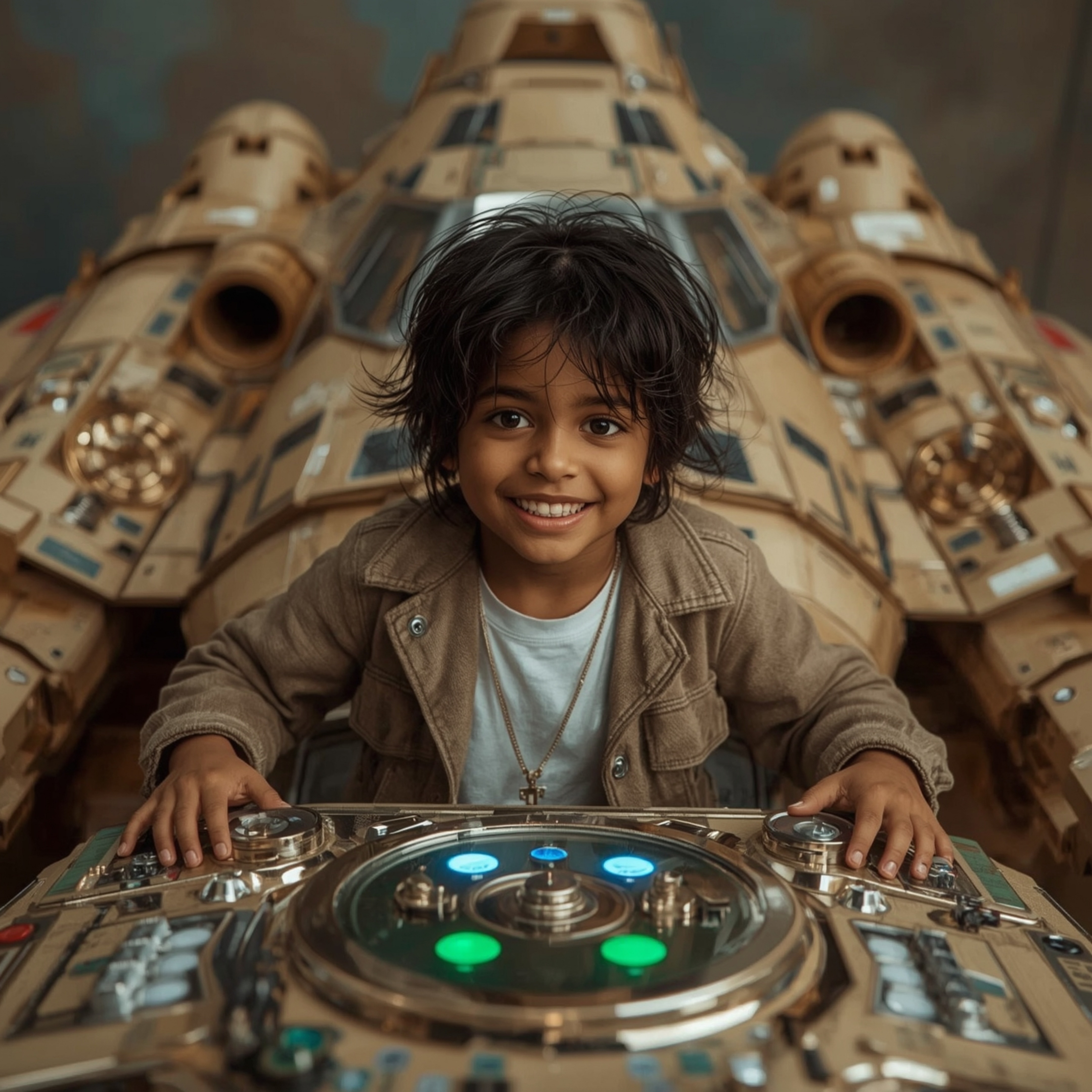 Exquisite high-fashion photography captures a boy with a radiant smile and dark brown skin, standing proudly beside his incre