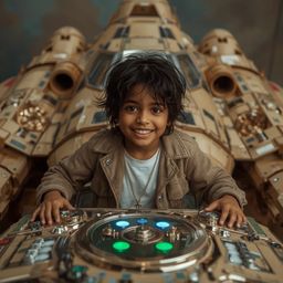 Exquisite high-fashion photography captures a boy with a radiant smile and dark brown skin, standing proudly beside his incre