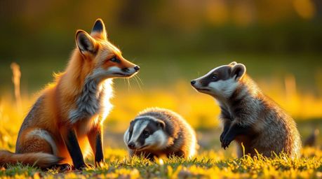 A captivating high-resolution stock photo showcasing two talking animals, a fox and a badger, engaging in playful mischief.  