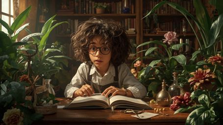 In a highly detailed, cinematic photograph reminiscent of Pixar's whimsical style, a bright-eyed, curly-haired young genius i