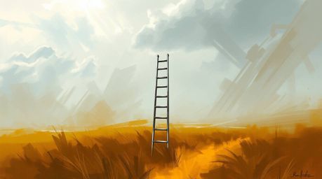 A captivating digital sketch depicts a silver ladder ascending into a dramatic, cloudy sky over a misty field.  The painting 
