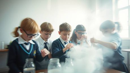 Capture the ethereal and dreamy atmosphere of quirky kids in school uniforms performing experiments with long exposure photog