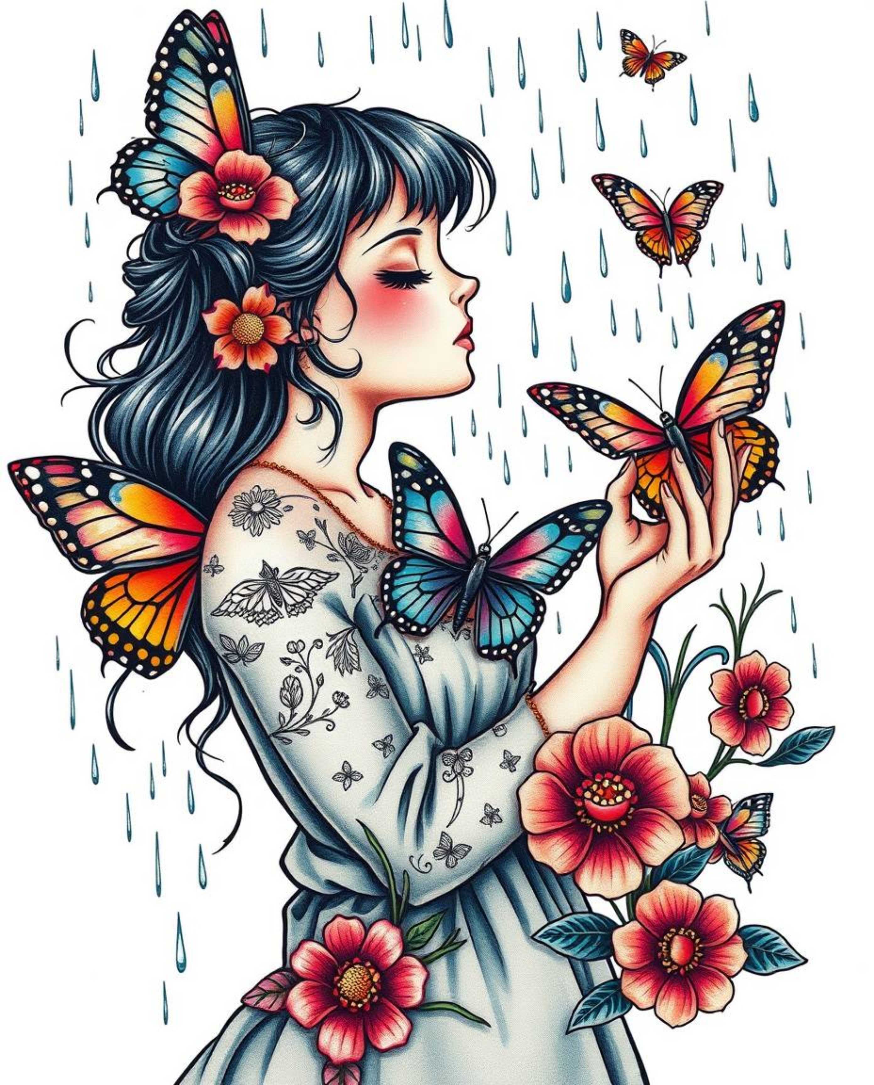 Explore a stunning traditional tattoo art print featuring a girl releasing butterflies in a wet, rainy scene.  This piece is 