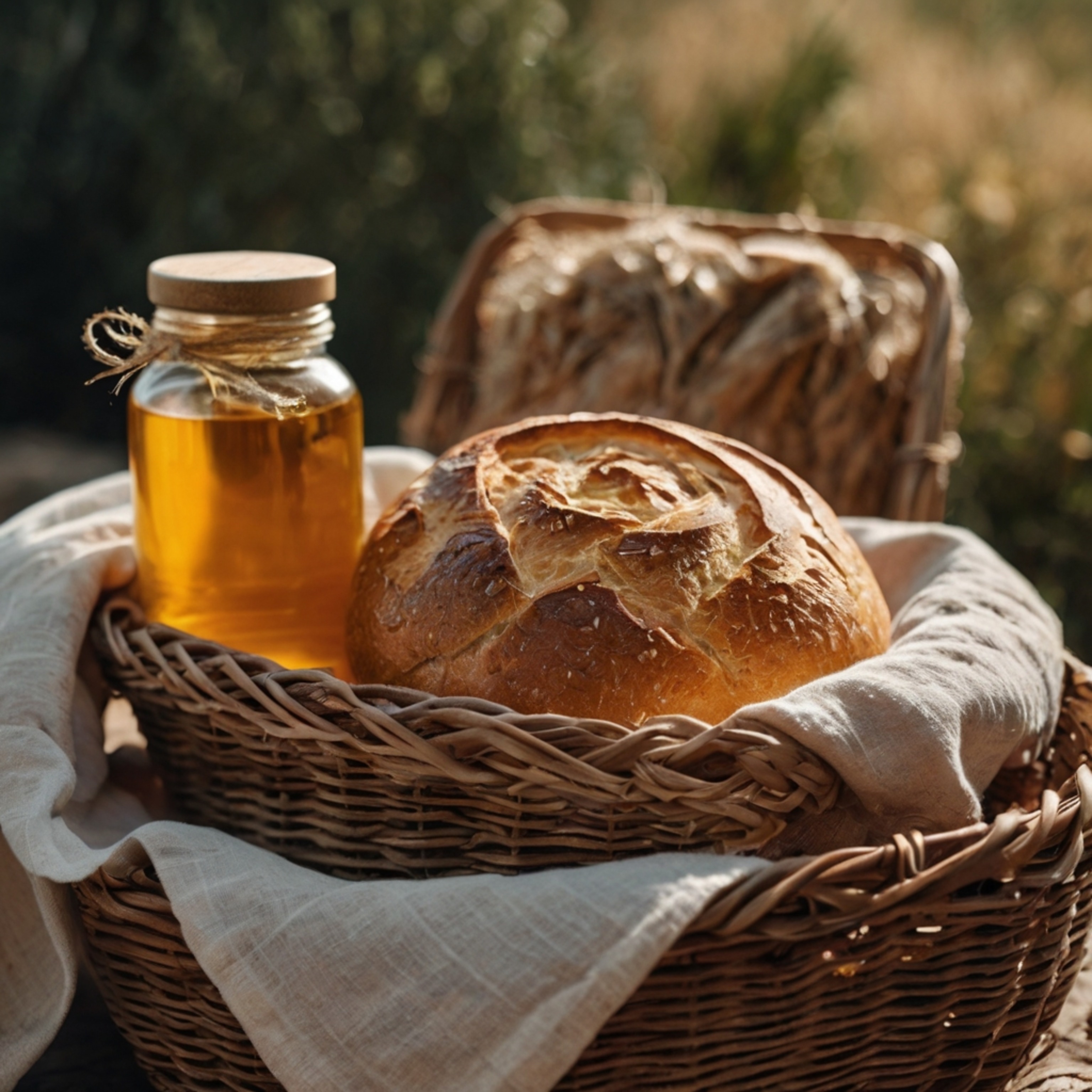 A delightful image showcasing a basket overflowing with freshly baked bread. A rustic loaf, carefully wrapped in a soft linen